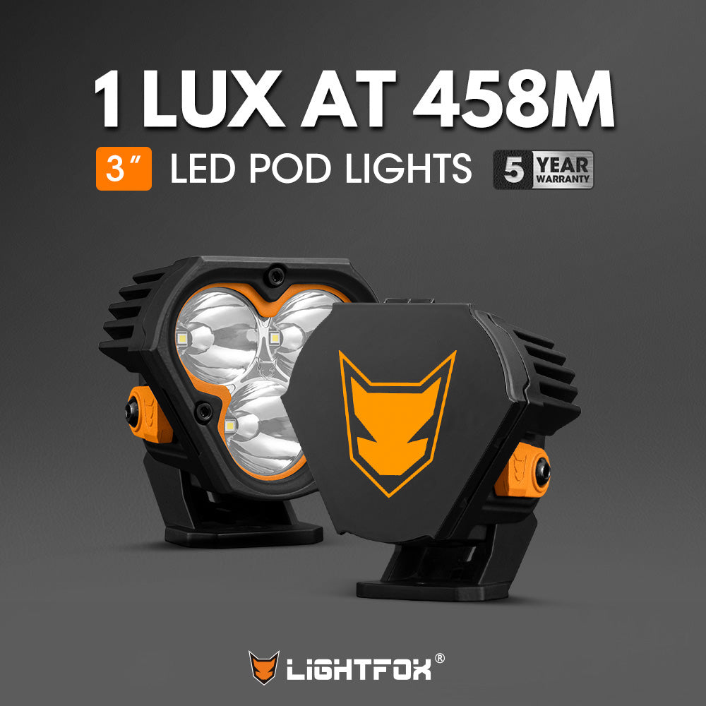 ไฟ LED แบบพอด Lightfox Cygnus-3 ขนาด 3 นิ้ว (ขายเป็นคู่) ความสว่าง 1 ลักซ์ ที่ระยะ 458 เมตร มาตรฐาน IP68 ความสว่าง 6,472 ลูเมน